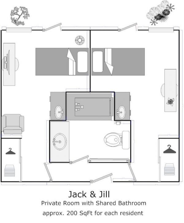 Whitten Heights Assisted Living and Memory Care - floor plan private room shared bath Jack & Jill.JPG